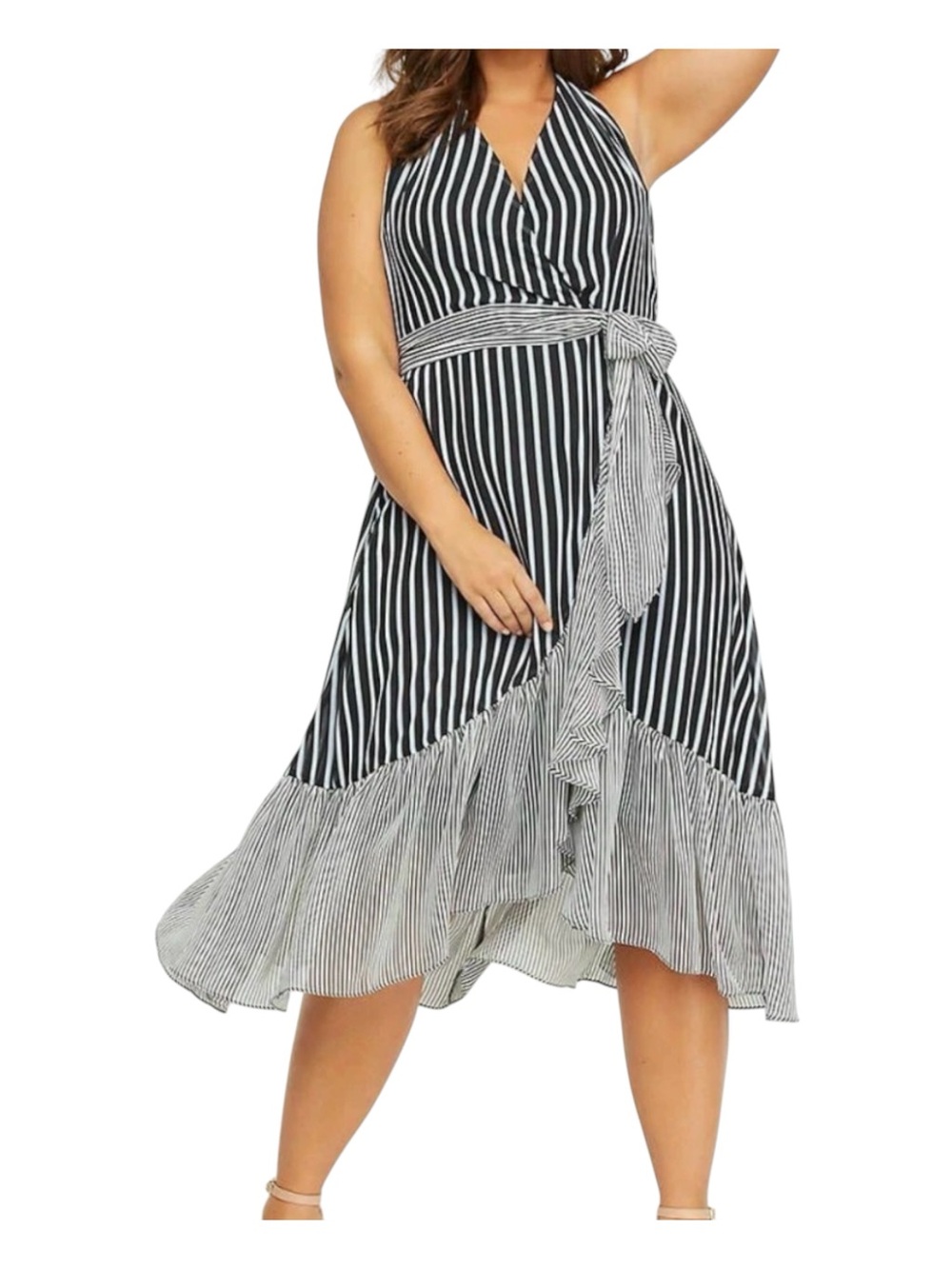 Lane Bryant navy and white striped ruffled midi wrap dress w/ belted waist, 18
